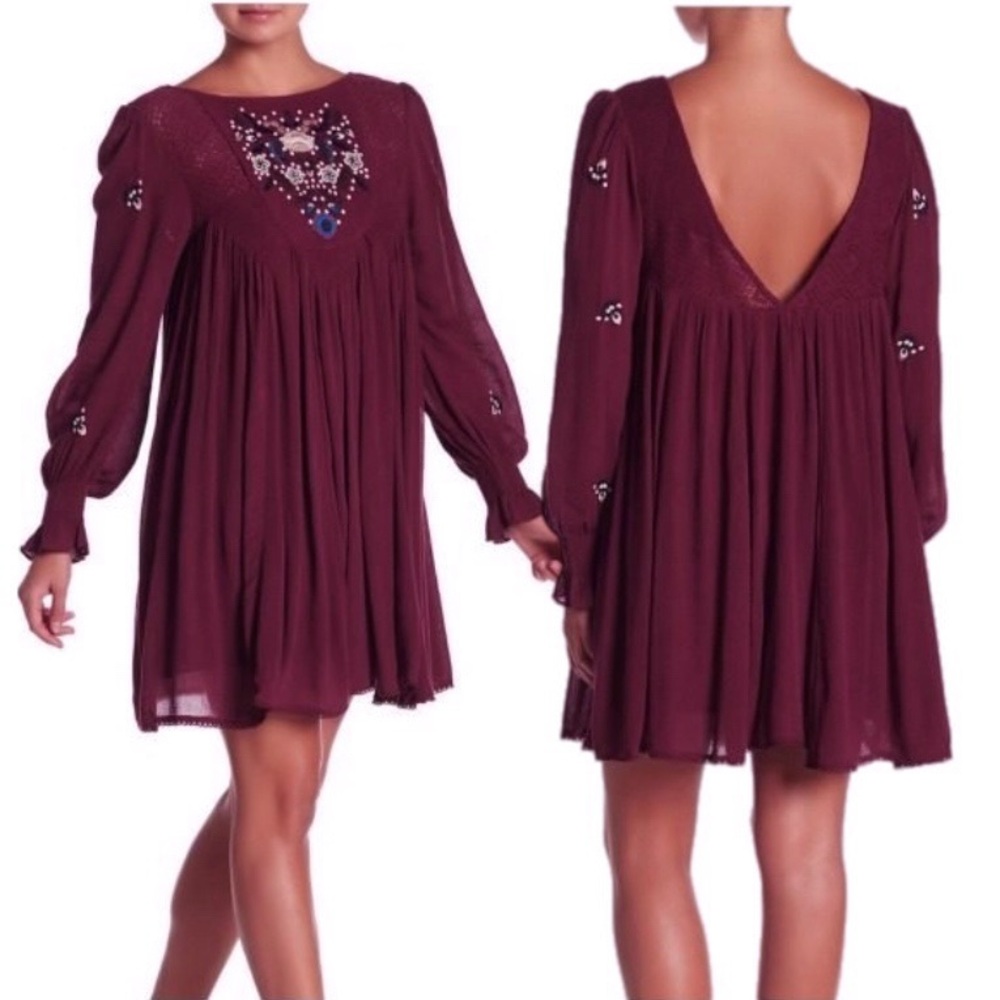 Free People Womens Mohave Plum Purple Embroidered Boho Bohemian Flowy Dress  L